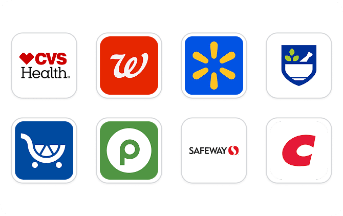 Popular pharmacy partners including CVS, Walgreens, Walmart, Rite Aid, Kroger, Albertsons, Costco, Publix and more